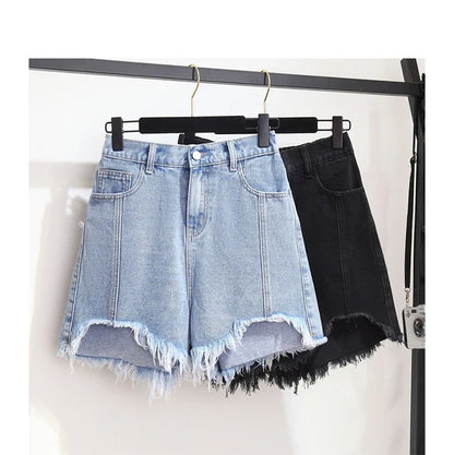 Summer High-waisted Denim Shorts Women Fur-trimmed Zipper Pocket 7XL Jeans Casual Fashion Loose Patchwork Short Pants