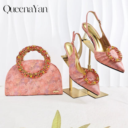 European and American high-end women's shoes with garland diamond clutches, pointed shoes Nigerian wedding shoes and bag