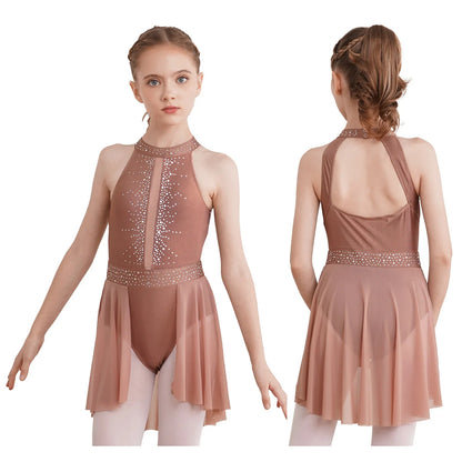 Kids Girls Gymnastics Figure Skating Ballet Lyrical Dance Costume Dress Side Split Sheer Mesh Ruched Glittery Rhinestones Dress