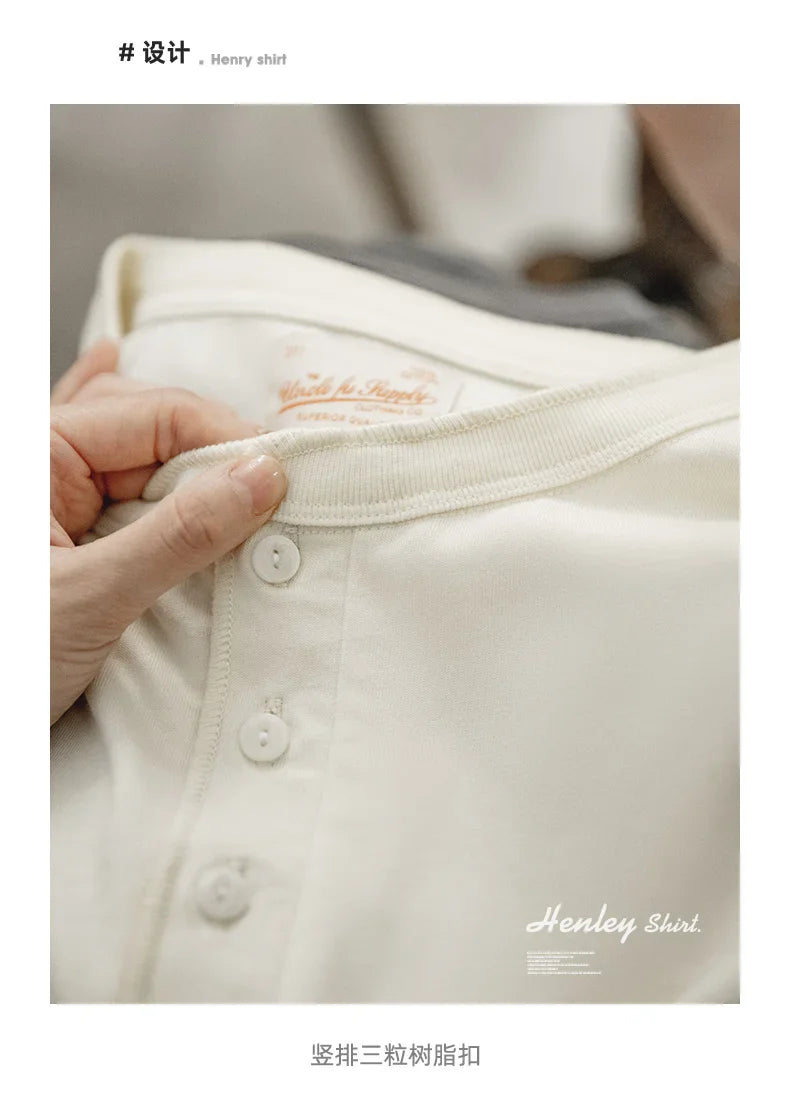 Cotton Men's Henry T-Shirts Soft Breathable Vintage Tops Tee Shirt Solid Casual Classic Buttons Shirt Hot Man Clothing