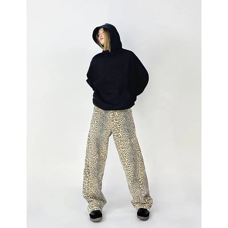 Vintage Leopard Print Jeans Women Spring Oversize Casual Hip Pop Wide Leg Trouser Trend High Waist Panther Denim Pants Ladies
