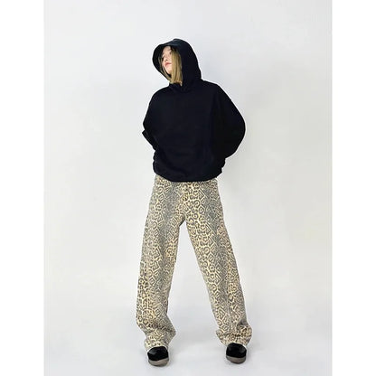 Vintage Leopard Print Jeans Women Spring Oversize Casual Hip Pop Wide Leg Trouser Trend High Waist Panther Denim Pants Ladies