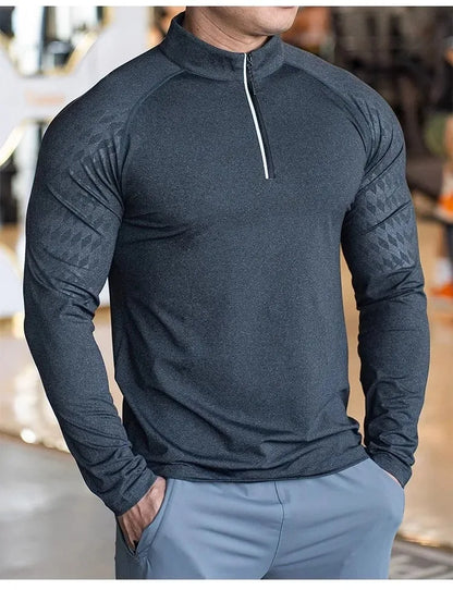 New Autumn Winter Running Gym Men Shirt Long Sleeve Tees Elastic Fit Sports Training Fitness Quick Dry Zip Collar Polo T Shirt