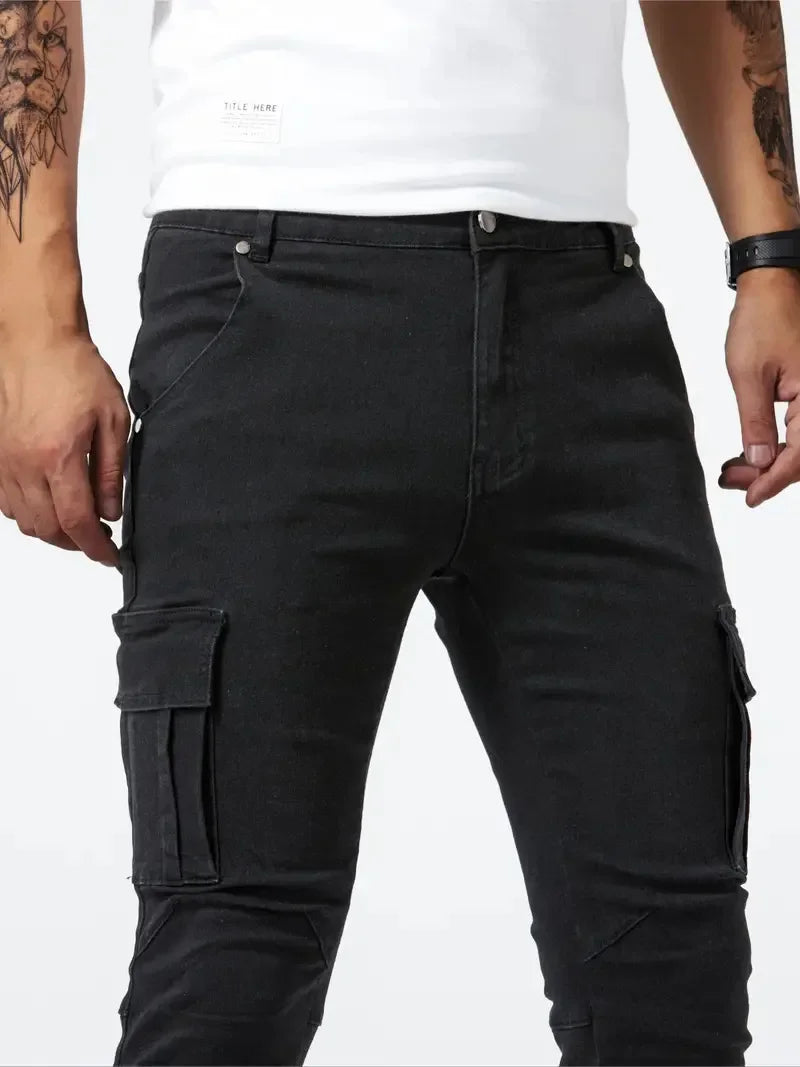 Street Elastic Jeans Men Denim Cargo Pants Wash Solid Color Multi Pockets Casual Mid Waist Trousers Slim Fit Daily Wear Joggers