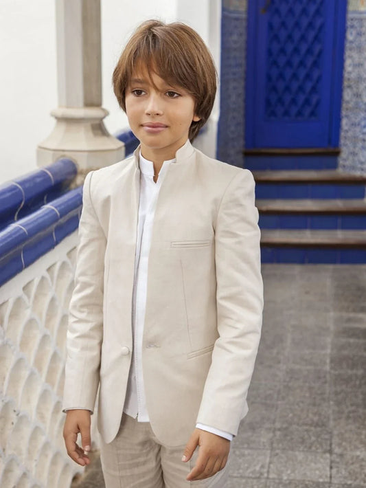 Beige Boys Linen Suit Set 2 Pieces Jacket Pants Outdoor Activities Handsome Comfortable Kids Tuxedo Summer Beach Wedding Wear
