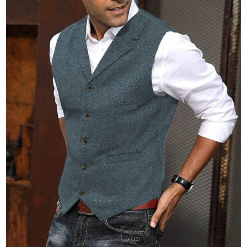 2026 Men's Business Woolen Suit Vest Fashionable British Retro Twill Vest Workwear Slim Fit Vest Elegant Classic Style Black