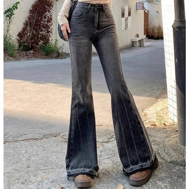 Woman High Waist Vintage Casual Flare Jeans Girls Elastic Slim Fit Bell Bottom Pants Lady Fashion Blue Black Grey Denim Trousers