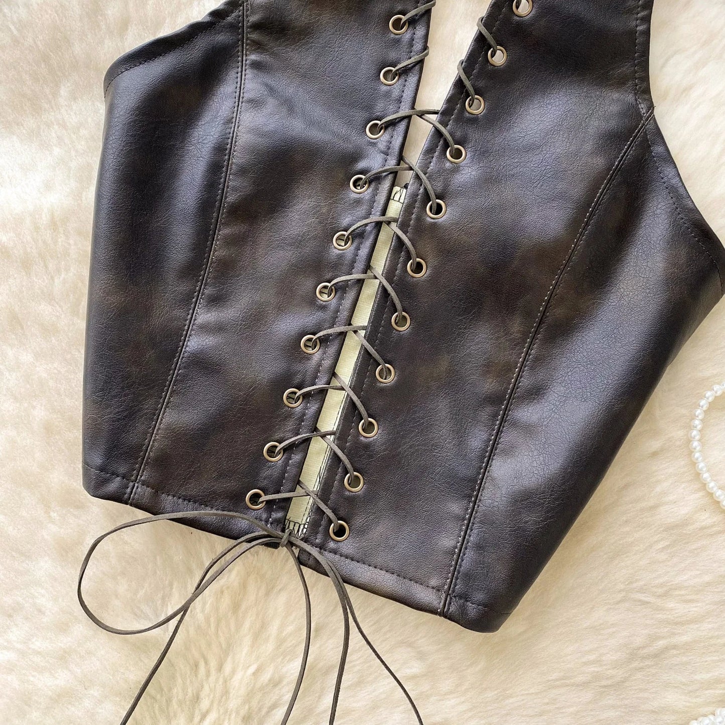 PU Leather Sexy Club Camisole Fashion Hollow Out Lace Up Slim Tank Top Sleeveless Backless Ins Spicy Girl Halter Top