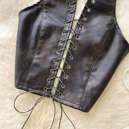 PU Leather Sexy Club Camisole Fashion Hollow Out Lace Up Slim Tank Top Sleeveless Backless Ins Spicy Girl Halter Top
