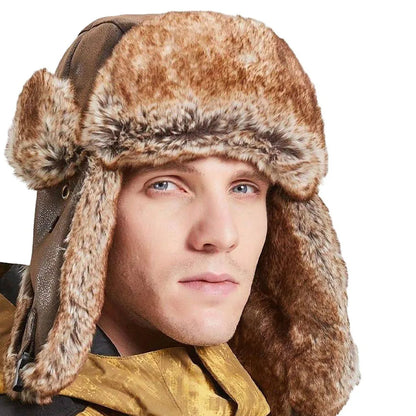 1 Piece Men Women Winter Ushanka Hats Russian Bomber Hat with Ear Flap Pu Leather Faux Fur Trapper Cap Snow Hunting Skiing Cap