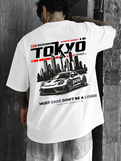 Men's Summer 100% Cotton Fashionable Casual Loose Large Size Japanese Tokyo Pattern Printed Round Neck Short Sleeve T-shirt Top