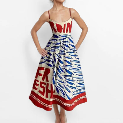 Fashion Women Print Suspenders Blue Ocean Fish Pattern Sexy Long Dress 2025 New Spring Summer Temperament Maxi Dresses
