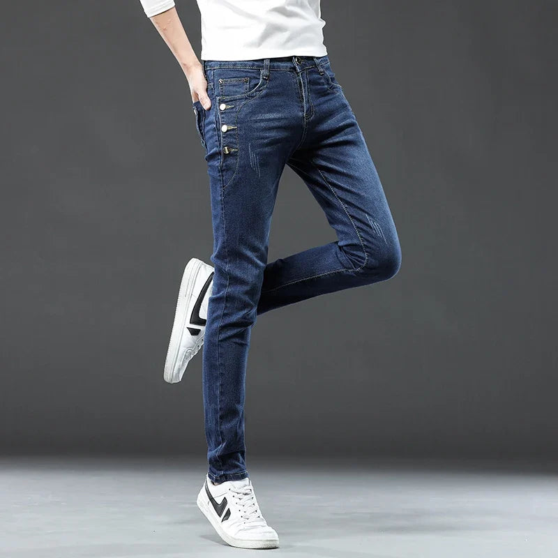 New Men Slim Korean Button Jeans Black Skinny Solid Color Stretch Multi-button Youth Male Denim Pants Streetwear
