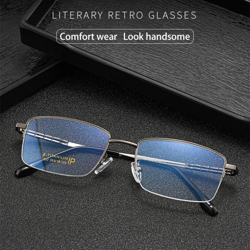 Pure Titanium Business Men's Half-rim Reading Glasses Men Fashion Simple Design Anti-blue Light Prescription Glasses 1052