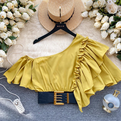 American Chic Blouse for Women Flounced Edge Skew Collar Bare Midriff Belt Skinny Shirts Summer Casual Female Tops Dropshipping