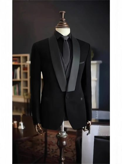 Elegant Black Men's 3 Pieces Suit One Button Shawl Lapel Jacket Vest Pants Dinner Wedding Tuxedos Slim Fit Formal Business Suits