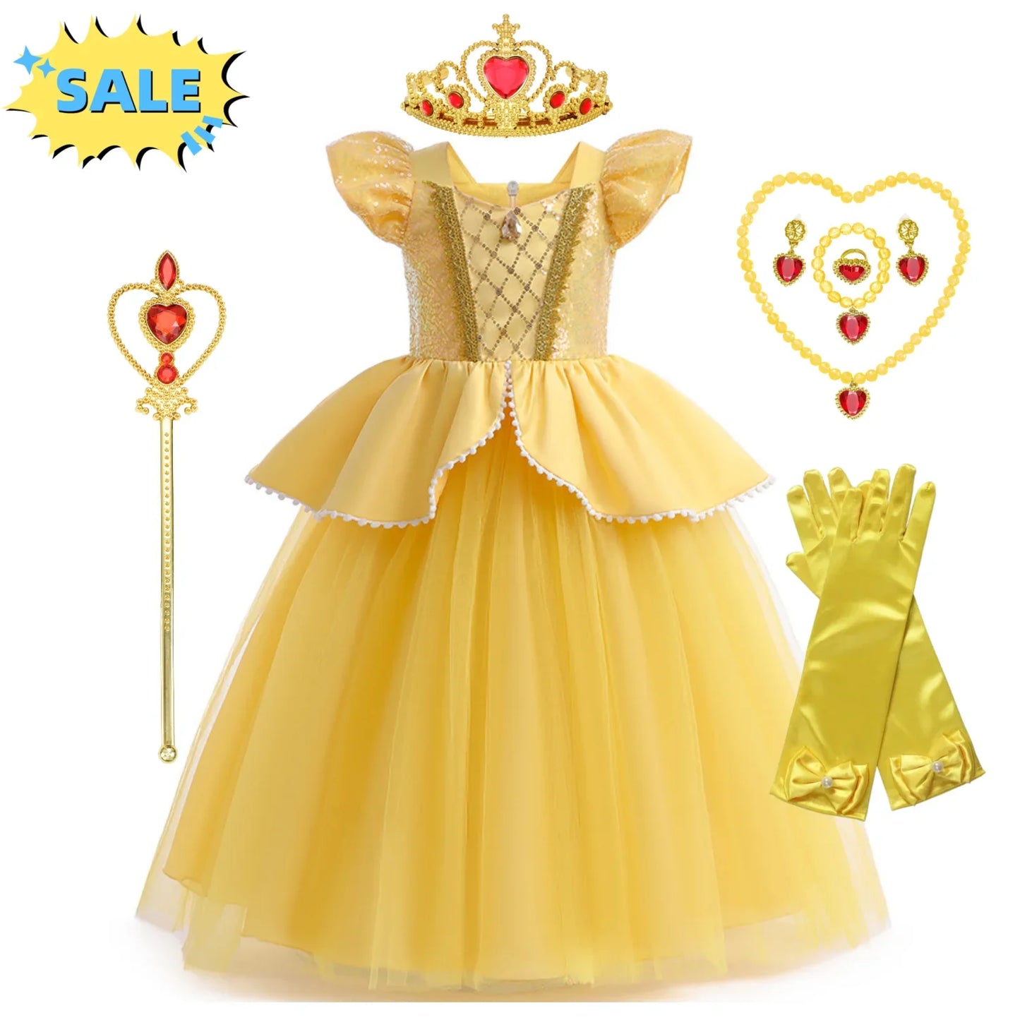 Beauty Beast Halloween Girl Princess Belle Costume Christmas Festive Evening Party Fancy Fairy Yellow Shoulderless Long Dresses