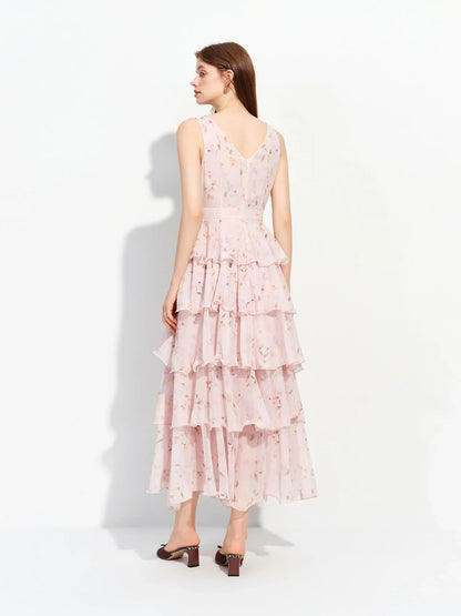 2026 Summer French-Inspired Floral Ruffle Hem Sleeveless V-Neck Tiered Maxi Dress - Romantic for Vacation and Daily Wear