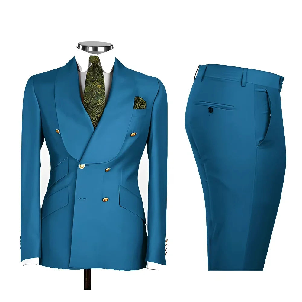 Men's Suit in Blue Color Double Breasted 2 Piece Blazer  Pants  Slim Fit Set Custom Business Luxury Tuxedo Casual Wedding Groom