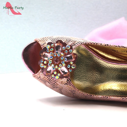 Special Design New Coming INS Hot Sale African Women Shoes and Bag Set in Pink Color with Shinning Crystal for Party