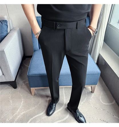 Spring Autumn New Elastic Waist Casual Trousers Male High Waist Dark Striped Slim Fit Pants Men Business Formal Casual Suit Pant