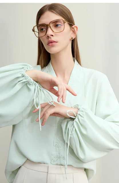 Chiffon Women's Blouse 2025 Autumn New V-neck Letter Embroidered Top Elegant Lantern Sleeve Loose Women's Shirt 12421028