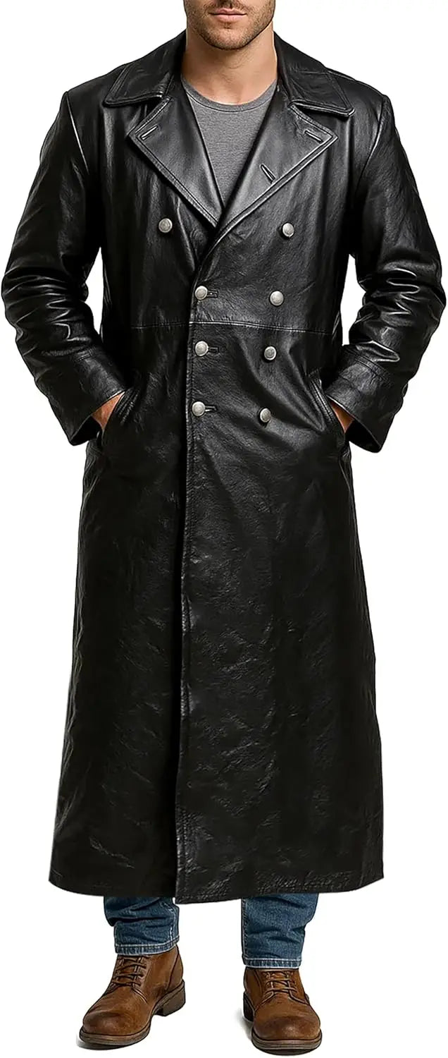 Men's Black Leather Long Trench Coat Marine Imperial Navy U-Boat Submarine Captain Brown Leather Jacket