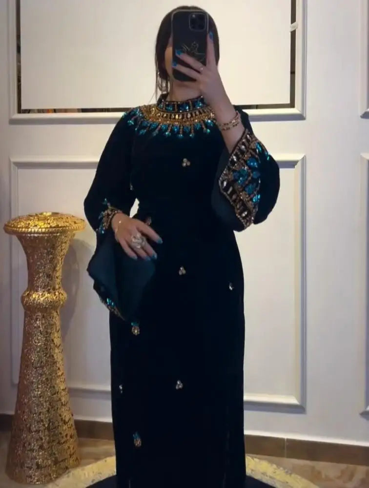 Saudi Arabia Luxury Black Velvet High-Neck Evening Dresses Turquoise Floral Prom Dresses Beaded Self-Tie Waist Wedding Dresses