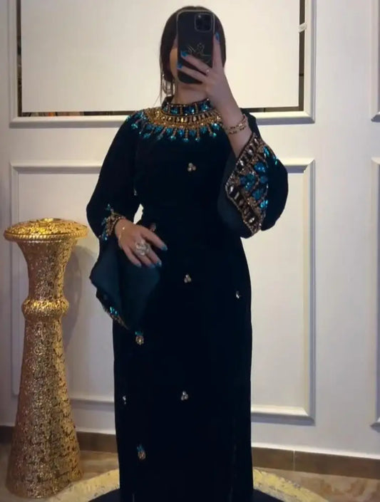 Saudi Arabia Luxury Black Velvet High-Neck Evening Dresses Turquoise Floral Prom Dresses Beaded Self-Tie Waist Wedding Dresses