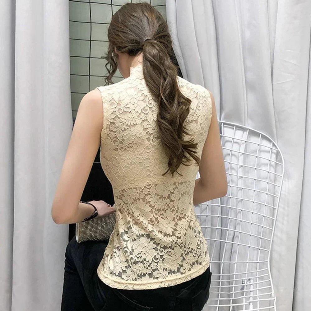 Elegant Women's Floral Lace Tank Tops T Shirt With Elastic Sleeveless Red Black White S-XL Stretch Rose Lace Camisole For Girls