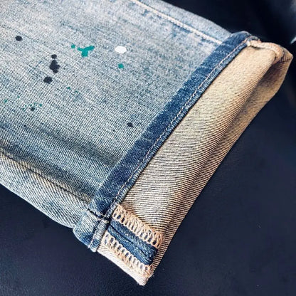 High-quality Blue Jeans Men's 2025 Spring and Summer European Wear Cargo Brand Letter Printing Ink Splashing Straight-leg Pants