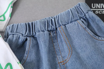 Boys Clothes Summer Fashion Crew Neck Children Tracksuit Dinosaur T-shirt Denim Shorts Suit Kids Outfit Baby Boys Set 1-5 Years