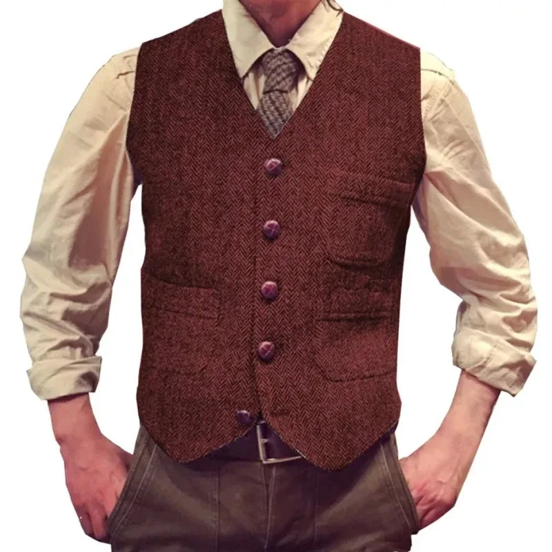 Herringbone Men Vest Dark Green Tweed Slim Casual Business Waistcoat For Wedding Party Banquet Work Prom Set Men Suit