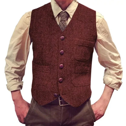 Herringbone Men Vest Dark Green Tweed Slim Casual Business Waistcoat For Wedding Party Banquet Work Prom Set Men Suit