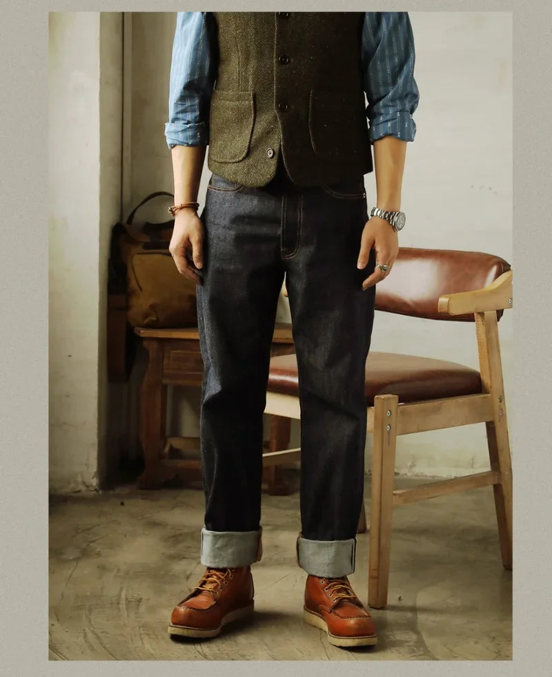 55501 Relaxed Straight Fit Men's Jeans Raw Selvedge Denim Pants Amekaji