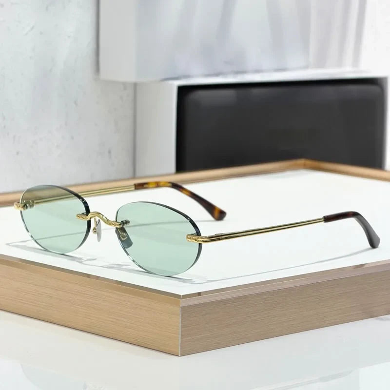 CLEO Small Oval Rimless Women's Sunglasses Alloy Men High Quality Fashion Design UV400 Handmade High Street Eyeglasses Wtih Case