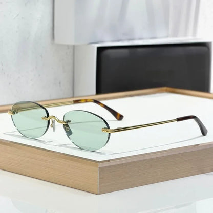 CLEO Small Oval Rimless Women's Sunglasses Alloy Men High Quality Fashion Design UV400 Handmade High Street Eyeglasses Wtih Case