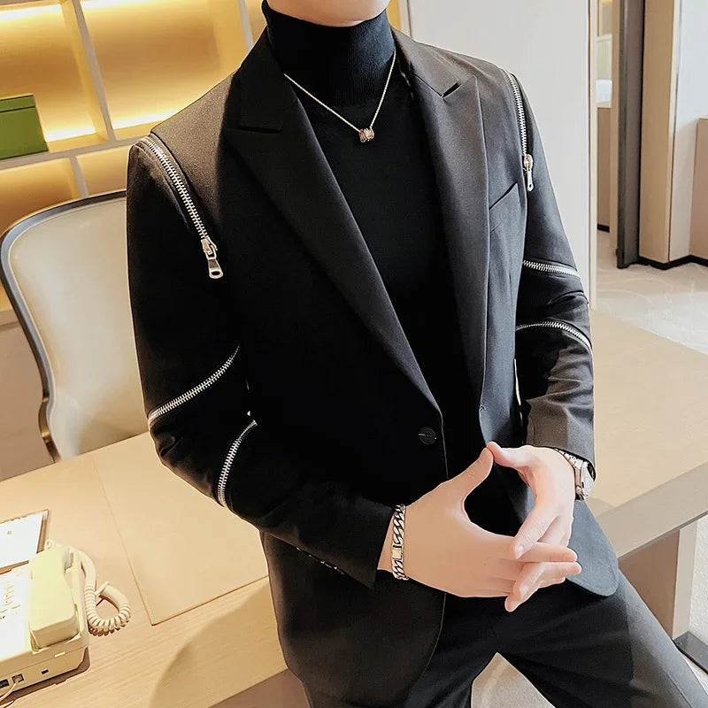 2024 Autumn New Zipper Decoration Blazer Men Casual Slim Fit Business Dress Coats Homme Formal Social Prom Tuxedo Men Clothing