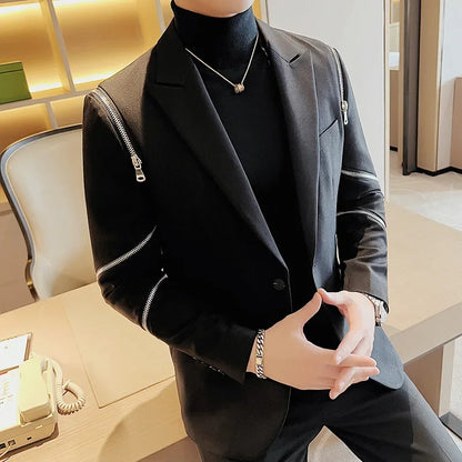 2024 Autumn New Zipper Decoration Blazer Men Casual Slim Fit Business Dress Coats Homme Formal Social Prom Tuxedo Men Clothing
