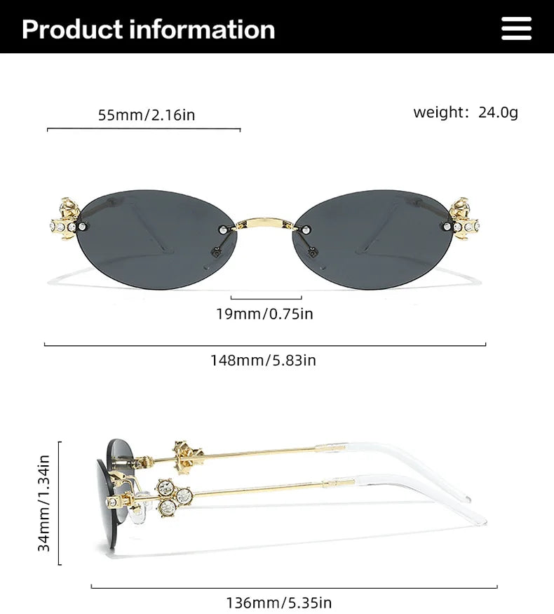 Women's Fashion Glasses Exquisite Diamond Decoration Sunglasses Oval Shaped Frame Cut Edge Frameless Small Outdoor Sun Glasses