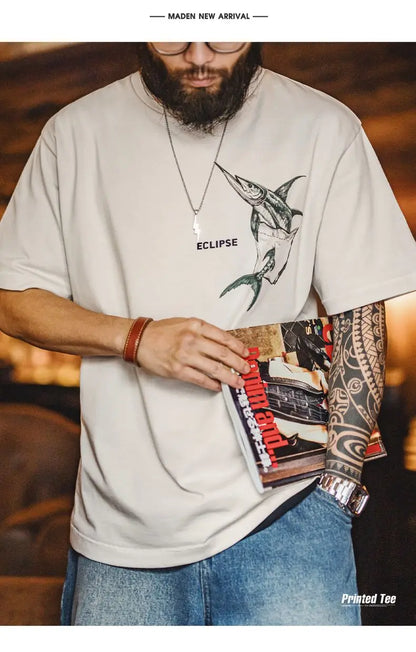 Casual Printed Short Sleeve T-Shirt Men's Summer Loose Fit Heavyweight Cotton Ribbed Round Neck Tee  Versatile Street Tops