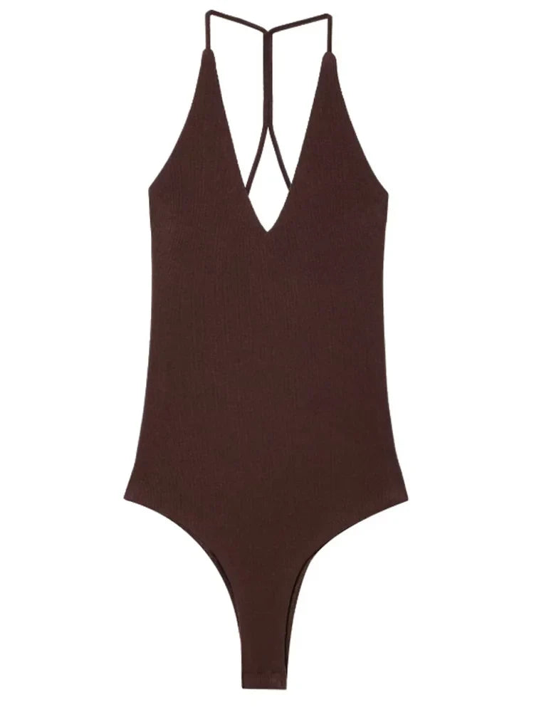 Female Bodysuit Summer Slip Off Shoulder One Piece Swimsuits Corset Backless Bodysuits Sexy Women Beach Black Brown Body