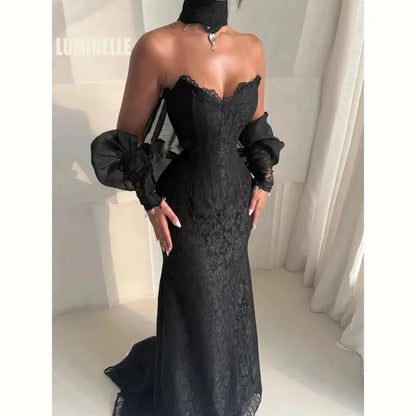 Customized Wedding Party Dresses Elegant Black Lace Formal Occasion Halter Bubble Sleeve Sheath Sexy Cocktail Dress for Women