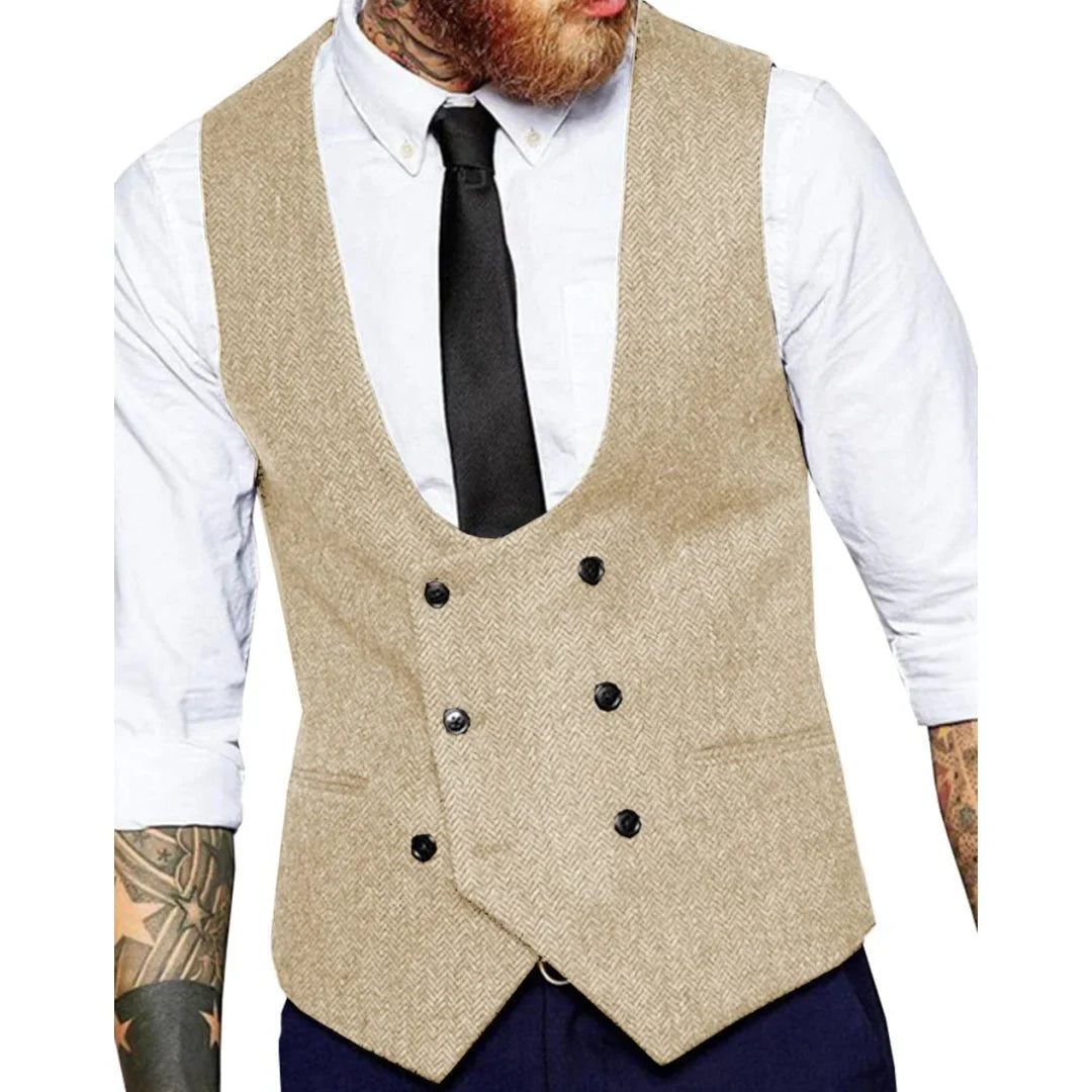 Men Vest Army Green Herringbone Solid Double Button Waistcoat For Wedding Banquet Business Work Casual Daily Men Suit Vest