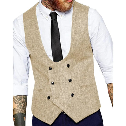 Men Vest Army Green Herringbone Solid Double Button Waistcoat For Wedding Banquet Business Work Casual Daily Men Suit Vest
