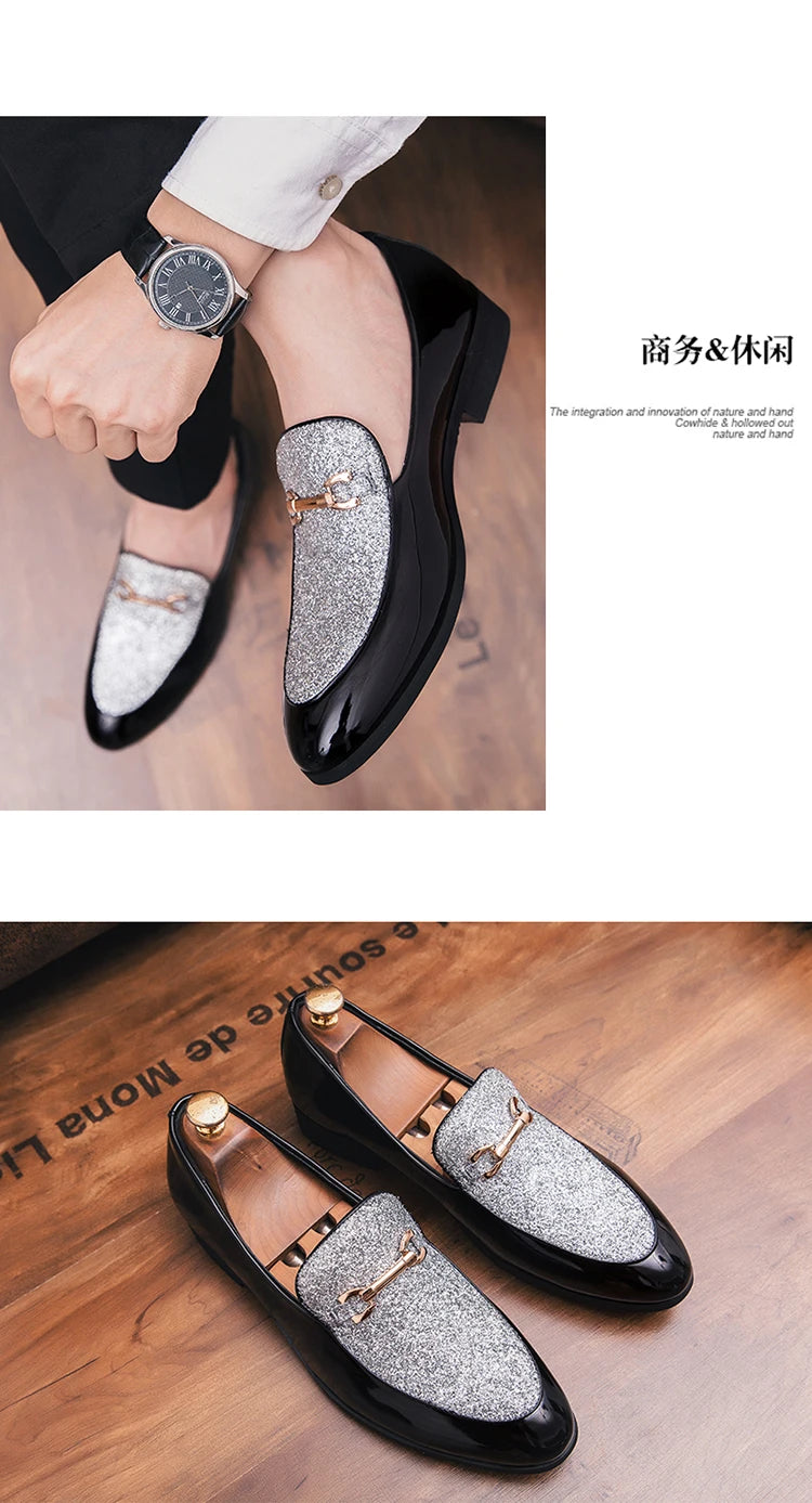 Men's pointed suede formal shoes, retro new patchwork loafers mixed with slipper shoes, wedding dress leather shoes