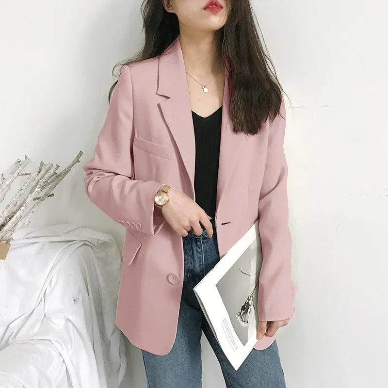 Elegant Casual Loose Long Sleeve Women's Small Suit Jacket Korean Style Spring Autumn Chic Polyester Fiber Button Decoration
