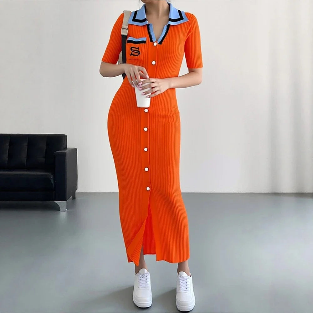 Chic Fashion Sexy Wrap Hips Knitted Long Dress 2026 New Brand Fashion Embroidery Single-breasted Shirt Dress Streetwear