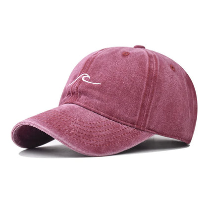 Washed Cotton Wave Embroidered Baseball Cap Unisex Adjustable Dad Hat Casual Retro Style Cap for Men Women Daily Street Wear