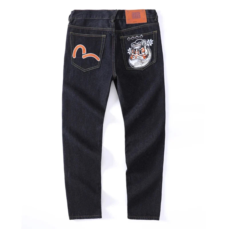 Japanese Handmade Embroidered Jeans Men's Pure Cotton Straight Tube Hip-Hop Popular Slim Red Ears Show Thin Trousers Devil Big M